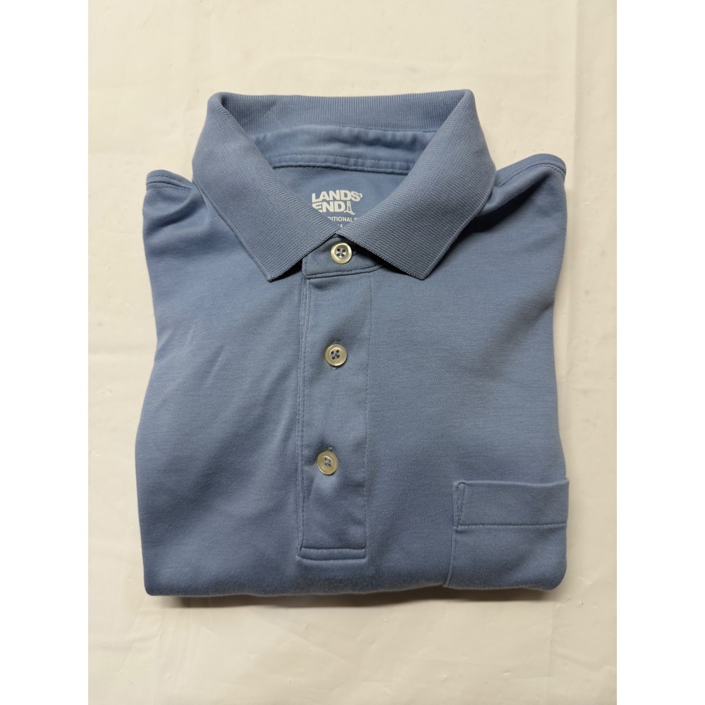 Lands End Mens Blue Long Sleeve Polo Shirt Traditional Fit‎ Cotton Pocket Size M